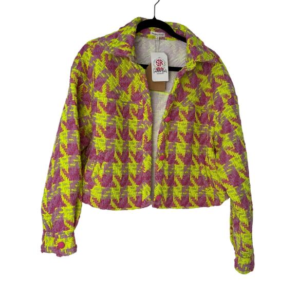 Main Strip Tweed Jacket Women S Neon Yellow Pink Houndstooth Cropped Maximalist - Picture 2 of 10